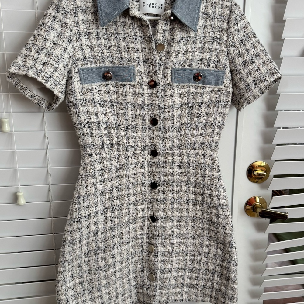 Tweed White and Grey Buttoned Mini Dress by Claudie Pierlot
